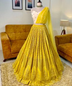 Lemon Yellow Designer Embroidered Sequined Party Wear Lehenga Choli Set in Georgette