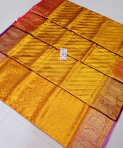 Silk Mark Certified Mango Kanchipuram/Kanjivaram Handloom Pure 1 Gram Gold Zari Meenakari Pure Silk Saree
