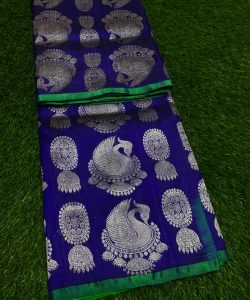 Royal Blue and Green Venkatagiri Pure Handloom Silver Zari Traditional Buttas Borderless Pattu Silk Saree