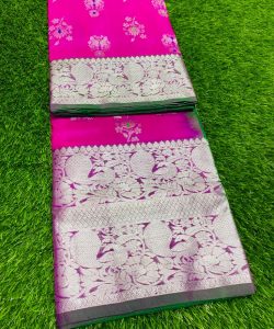 Pink and Green Venkatagiri Pure Handloom Silver Zari Meenakari Buttas Pattu Silk Saree