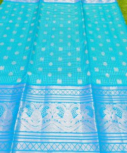Turquoise and Blue Venkatagiri Pure Handloom Silver Zari Checks and Buttas Pattu Silk Saree