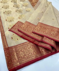Fawn and Red Chanderi Pure Handloom Pure Katan Tissue Silk Saree with Nakshi Borders and Meenakari Buttas
