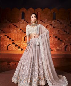 Beige Designer Party Wear Lehenga Choli Set with Thread and Sequins Embroidery in Georgette