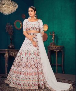 White Designer Gota Patti Multi Thread Embroidered Bridal Lehenga Choli Set in Georgette
