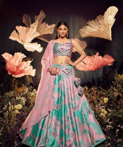 Turquoise and Pink Exclusive Designer Collection Velvet Embroidered Lehenga Choli Sets
