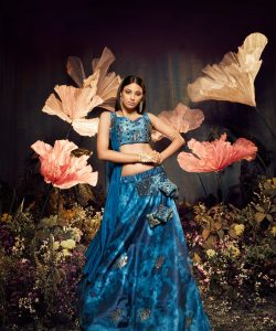Blue and Turquoise Exclusive Designer Collection Velvet Embroidered Lehenga Choli Sets