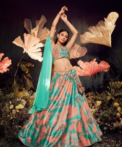 Sea Green and Peach Exclusive Designer Collection Velvet Embroidered Lehenga Choli Sets
