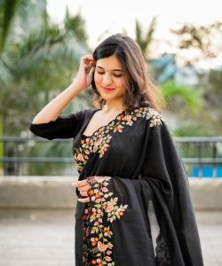 Black Multicolor Thread and Sequins Embroidered Vichitra Silk Designer Saree