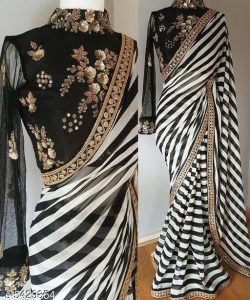 Black and White Digital Print with Sequins Embroidered Borders Georgette Designer Saree