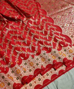 Chilly Red Banarasi Handloom Semi Katan Silk Gold Zari Meenakari Saree