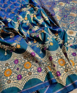 Blue Banarasi Handloom Semi Katan Silk Gold Zari Meenakari Saree
