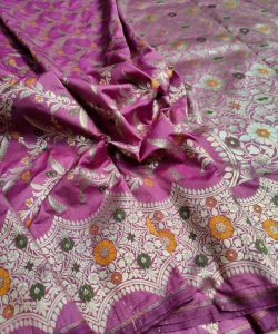Onion Pink Banarasi Handloom Semi Katan Silk Gold Zari Meenakari Saree