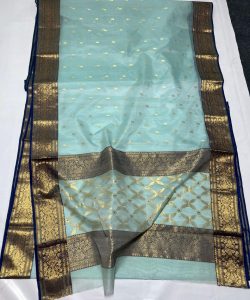 Dual Tone Pastel Green Chanderi Pure Handloom Pure Katan Silk Saree with Gold Zari Buttas and Nakshi Borders
