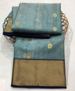 Greyish Blue Chanderi Pure Handloom Nakshi Borders Meenakari Buttas Katan Silk Saree