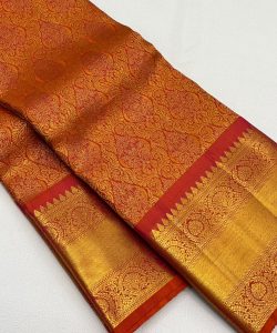 Silk Mark Certified Chilly Red Kanchipuram/Kanjivaram Pure Handloom 1 Gram Pure Gold Zari Double Warp Silk Saree