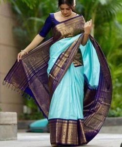 Silk Mark Certified Turquoise Pure Kanchipuram/ Kanjivaram Handloom Pure Korvai Gold Zari Bridal Silk Saree