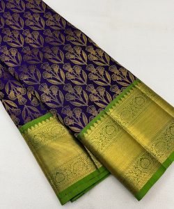 Silk Mark Certified Purple Pure Kanchipuram/Kanjivaram Handloom Pure 1G Gold Zari Double Warp Silk Saree