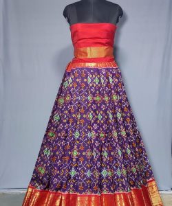 Silk Mark Certified Pochampally Ikkat Pure Handloom Silk Kanchi Borders Lehenga Choli 2 Pc Sets in Vibrant Colors